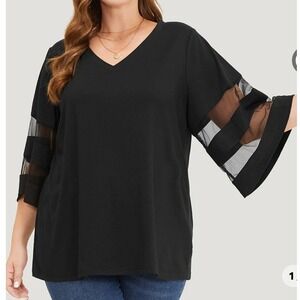 Black Blouse Sheer Sleeve Detail V-Neck Top‎ Plus Size XXL
